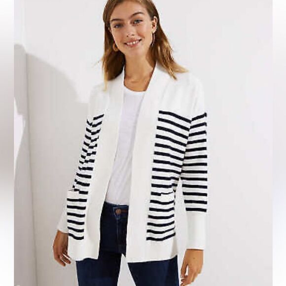 LOFT Sweaters - Loft women’s large white and navy striped knit cardigan traditional classic
